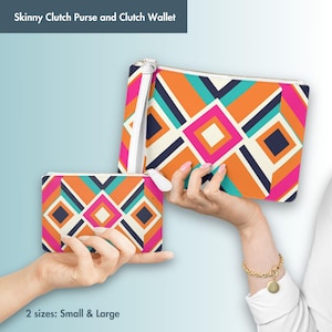 Carteira Clutch Geométrica, Bolsa Clutch, Clutch Skinny com Zíper, 2 Tamanhos, Alça de Pulso, Carteira Clutch, Bolsa Clutch, Padrão Rosa Azul-petróleo Laranja