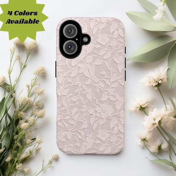 Pink Floral Lace Phone Case, White blue mint lace Phone Cases, compatible w/ iPhone 12 13 14 15 16 17, Samsung Galaxy, Google Pixel