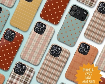 May include: A collection of iPhone 18 cases featuring various patterns including plaid in shades of brown, tan, and cream, and polka dots in rust, sage green, and cream. A star-shaped orange graphic displays the text iPhone 18 CASES NOW AVAILABLE.