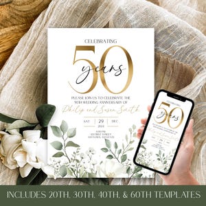 Faire-part 50e anniversaire, modèle 20, 30, 40e, 60e anniversaire, modèle d'invitation numérique en bonus Canva 5 x 7 à téléchargement immédiat