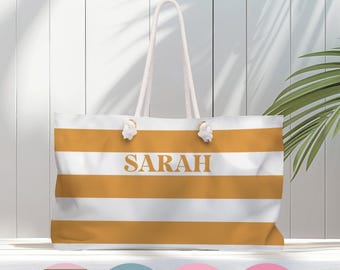 Personalized Striped Beach Bag, Weekender Bag, Custom Name Large Women's Beach Tote