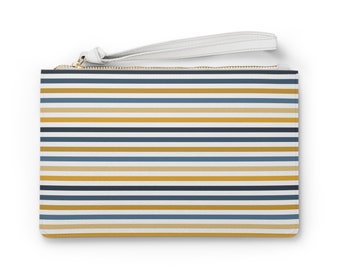 Geel en blauw gestreepte clutch portemonnee | Handtasje | Kleine clutch portemonnee | Gele en blauwe strepen | Clutch portemonnee met polsband