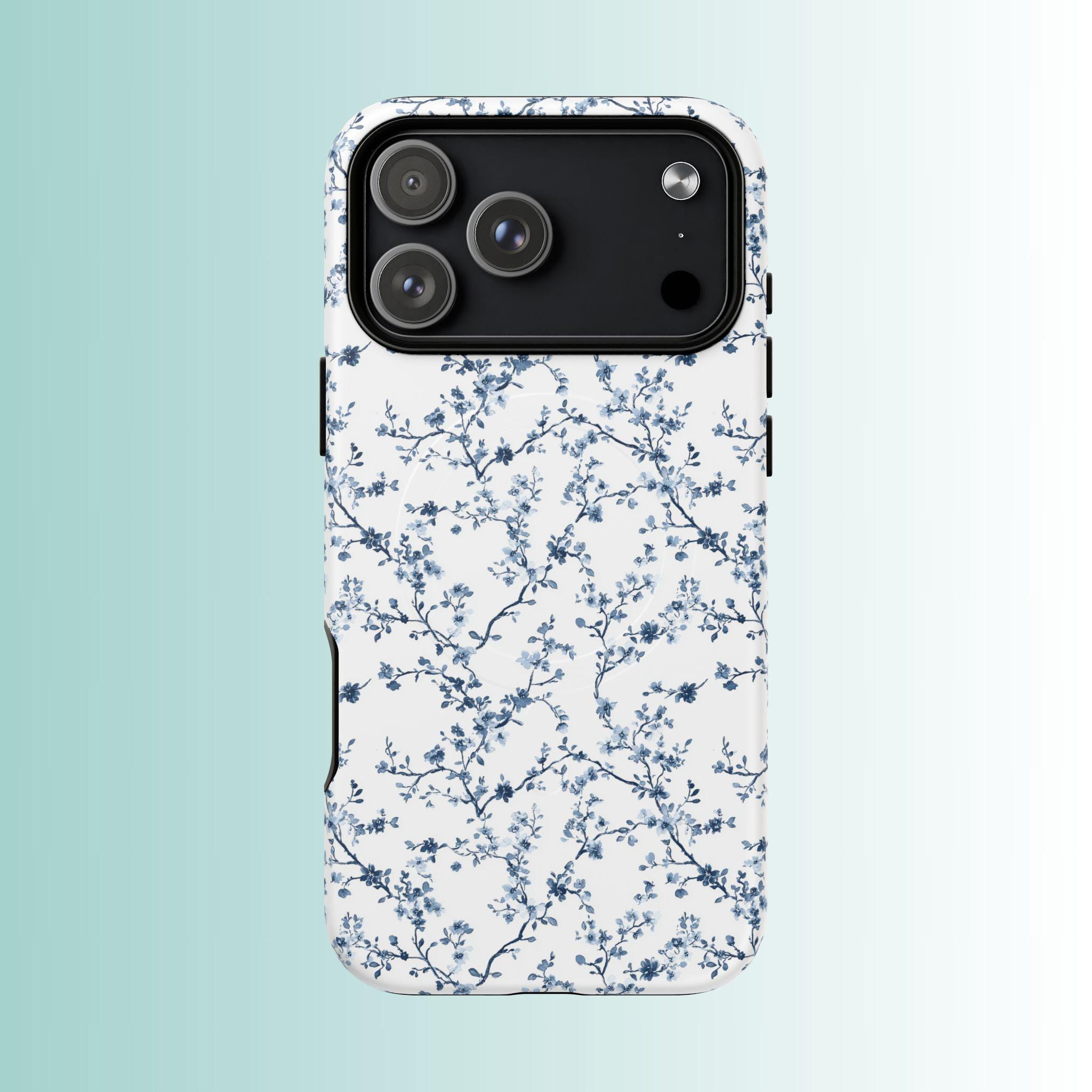 ブルートワルマグネット式スマホケース、ブルー＆ホワイトの花柄
