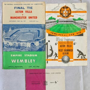 Programas de los partidos de la semifinal y repetición de la final de la Copa FA de 1957 del Aston Villa, recuerdos originales de fútbol vintage del Manchester United.