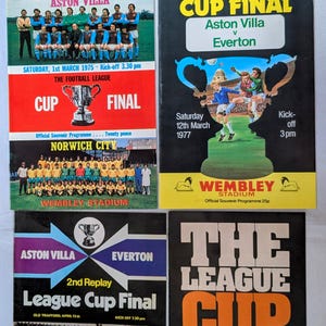 Programas de los 4 partidos de la final de la Copa de la Liga del Aston Villa Everton 1976/77, incluidas ambas repeticiones Norwich 1974/75 Recuerdos originales de fútbol vintage