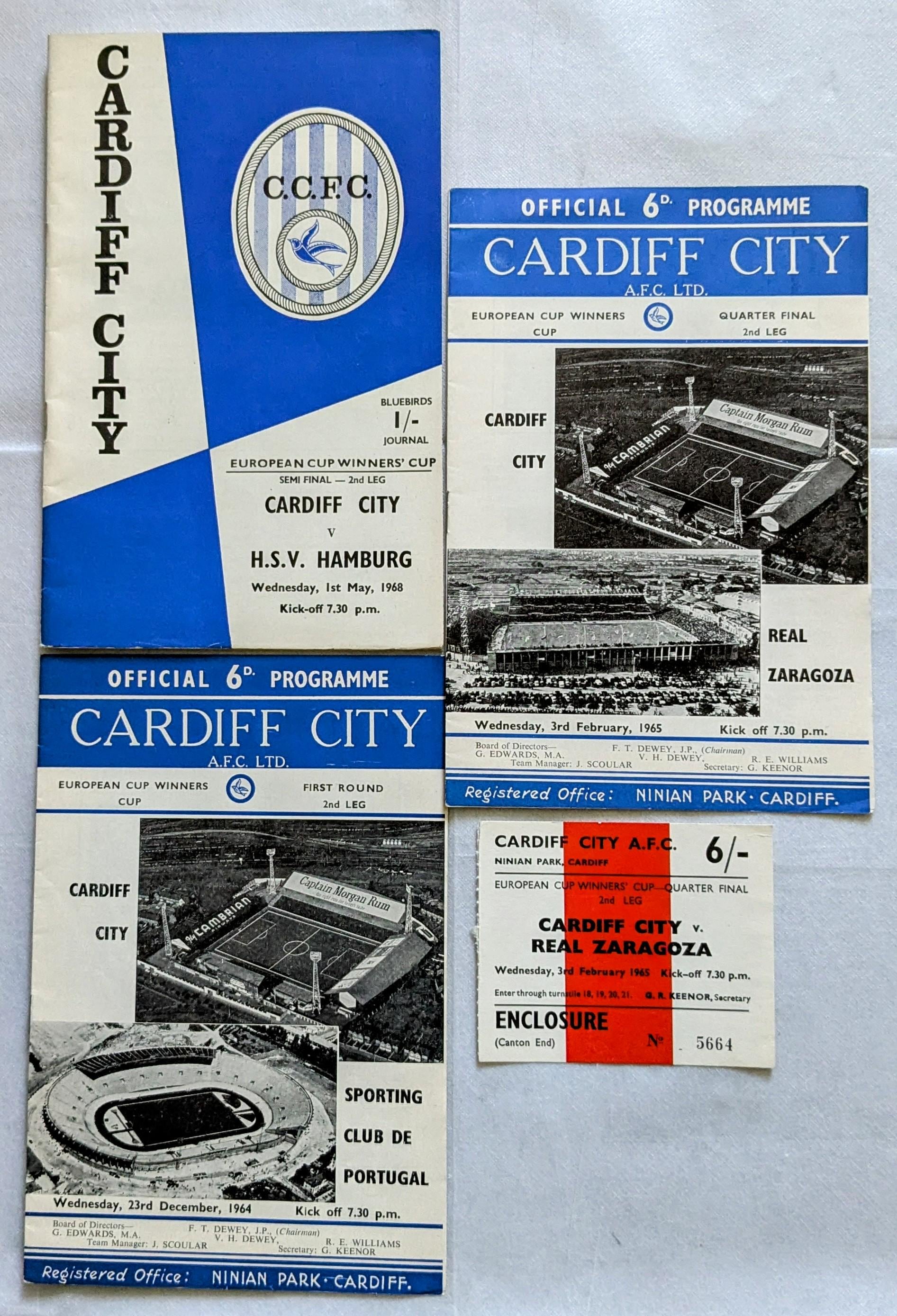Cardiff City European Cup Winners Cup Ticket Programmes 1st Round Qtr Final 1964/65 Semi Final 1967/68 Original Vintage Football Memorabilia