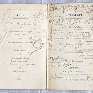 Scotland Wales 1939 International Hockey Match March Teams Signed Dinner Menu Inverness Caledonia Hotel Original Vintage Sport Memorabilia