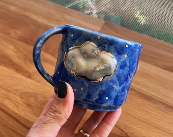 Dreamy Cloudy Handmade Stoneware Mug with 24K Gold and Mother of Pearl Luster details-embossed and hearts inside