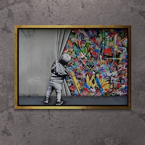 Banksy Graffiti Framed Canvas, Banksy Wall Art, Urban Style Art, Child Street Wall Art, Kids Wall Art, Graffiti Canvas, Gold Framed Canvas