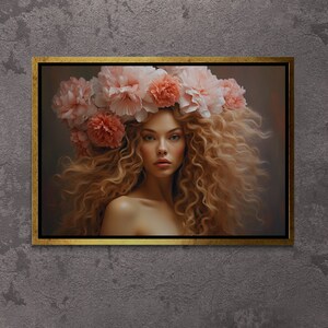 Floral Woman Wall Art, Curly Woman Framed Canvas, Flower Wall Art, Beautiful Woman Artwork, Abstract Canvas, Large Gold Framed Canvas