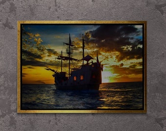 Sunset War Ship Framed Canvas, Pirate Ship Wall Art, Seascape Canvas, Sailing Ship Canvas, Sunset Wall Art, Ship Black Framed Canvas