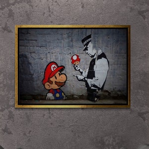 BANKSY Super Mario Wall Art, Super Mario Graffiti, Banksy Framed Canvas, Mario Wall Art, Banksy Mario Canvas, Silver Framed Canvas