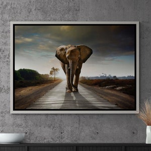 Elephant Wall Art, Elephant Framed Canvas, Modern Wall Art, Animal Wall Art, Elephant Canvas, Walking Elephant Art, White Framed Canvas