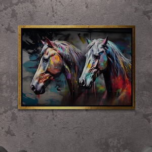 Colorful Horses Wall Art, Animal Framed Canvas, Horse Portrait Art, Colorful Animal Artwork, Large Wall Art, Graffiti Silver Framed Canvas