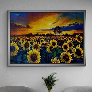 Sonnenblumenfeld gerahmte Leinwand, Sonnenblumenfeld Leinwand, Natur Landschaft Wandkunst, Ölgemälde Leinwand, Sonnenblume, schwarz gerahmte Leinwand