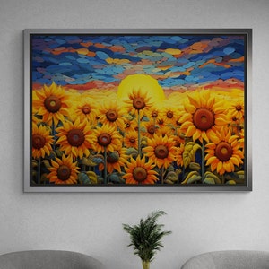 Blumen Wandkunst, Sonnenblumenfeld gerahmte Leinwand, Natur Landschaft Leinwand, Blumen Kunst, Sonnenblumen Kunstwerk, Ölgemälde weiße gerahmte Leinwand