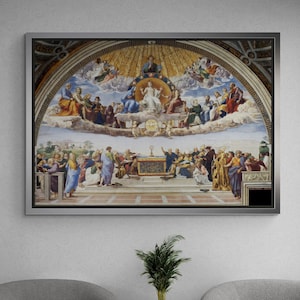 Disputation of the Holy Sacrament, Raphael Wall Art, Disputa Framed Canvas, Raphael Raffaello Wall Art, Famous Canvas, White Framed Canvas