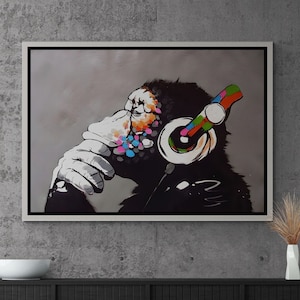 Dj Monkey Framed Canvas, Banksy Thinking Monkey, Street Graffiti Wall Art, Gorilla Chimp Canvas, Dj Monkey Wall Art, White Framed Canvas