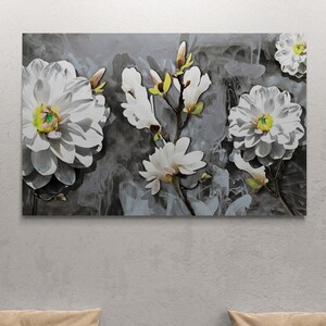White Flowers On Gray Background Framed Canvas, Flowers Wall Art, Oil Painting Print, Abstract Wall Art, Botanical White Framed Canvas