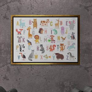 Cartoon Framed Canvas, Animal Alphabet Canvas, Kids Room Wall Art, Nursery Canvas Art, Playroom Wall Art, Baby Alphabet, White Framed Canvas