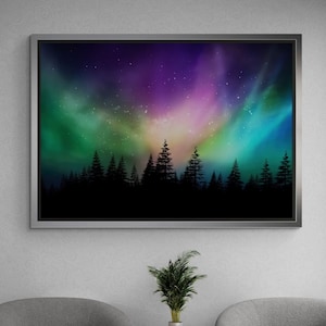 Aurora Borealis Framed Canvas, Northern Lights Wall Art, Northern Lights over the Canadian Forest, Landscape Wall Art, White Framed Canvas