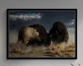 Bisons Wall Art, Bison Framed Canvas, American Bison Canvas, Animal Wall Art, Buffalo Framed Canvas, Buffalo Wall Art, Gold Framed Canvas