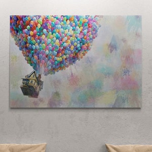 Up Pixar Wall Art, Up Movie Framed Canvas, Up Pixar Wall Art, Colorful Balloons Rolled Canvas, Canvas for Kids Room, Gold Framed Canvas