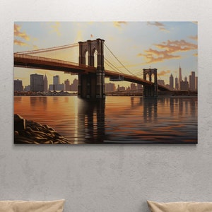 New York Sunshine Framed Canvas, Brooklyn Bridge Oil Painting Wall Art, New York Skyline Canvas, Cityscape Wall Art, Silver Framed Canvas