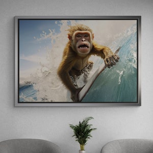Surfer Affe Wandkunst, Tiergerahmte Leinwand, Meer Leinwand, Affe Wandkunst, Abstrakte Leinwand, Lustige Affenwandkunst, Leinwand mit Silberrahmen