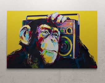 Monkey Boombox Wall Art, Monkey Framed Canvas, Dj Monkey Wall Art, Colorful Monkey Canvas, Monkey And Music Art, Black Framed Canvas