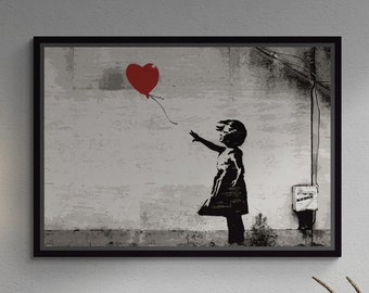 BANKSY Heart Balloon Graffiti Wall Art, Banksy Girl with Red Heart Balloon Framed Canvas, Banksy Girl Graffiti Canvas, White Framed Canvas