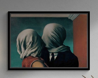 Rene Magritte The Lovers Wall Art, Couple Kiss Framed Canvas, Famous Wall Art, 1928 by Rene Magritte, Romantic Canvas, Gold Framed Canvas