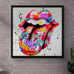 Banksy Gerahmte Leinwand, Graffiti Wandkunst, Lip Graffiti Leinwand, Wandbild Zitat Wandkunst, Graffiti Leinwand, Banksy Longue Gold Gerahmte Leinwand