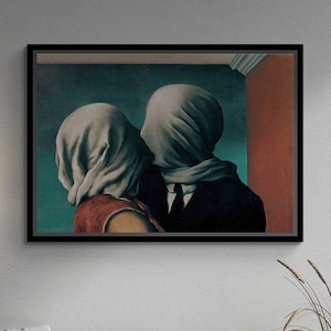 Rene Magritte The Lovers Wall Art, Couple Kiss Framed Canvas, Famous Wall Art, 1928 by Rene Magritte, Romantic Canvas, Gold Framed Canvas