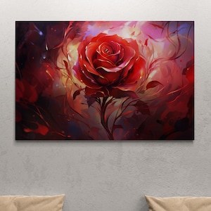 Red Rose Framed Canvas, Flowers Wall Art, Abstract Wall Art, Floral Canvas, Rose Canvas, Large Wall Art, Red Canvas, Silver Framed Canvas