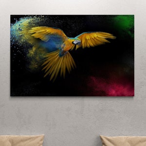 Colorful Animals Framed Canvas, Yellow Parrot Wall Art, Flying Parrot Canvas, Large Wall Art, Parrot Canvas, Animals, Silver Framed Canvas
