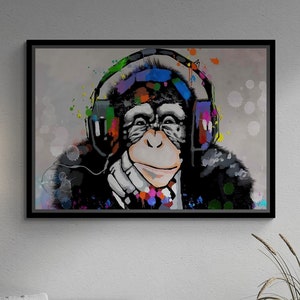 Kopfhörer Affe Wandkunst, Affe gerahmte Leinwand, Graffiti Wandkunst, Dj Affe Leinwand, Tier Leinwand Kunst, Dj Affe, weiße gerahmte Leinwand