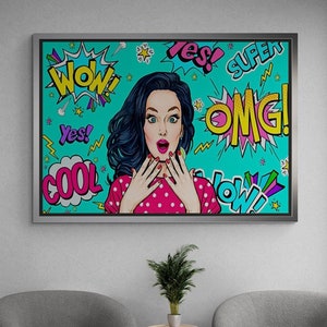 Pop Art Wall Art, Woman Wow Canvas, Woman Omg Wall Art, Woman Framed Canvas, Woman Cool Canvas, Large Wall Art, Comic Gold Framed Canvas