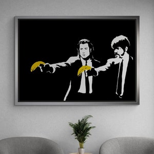 BANKSY Comic Pulp Fiction Wall Art, Pulp Fiction Graffiti Canvas, Movie Framed Canvas, Banksy Street Graffiti Canvas, Silver Framed Canvas