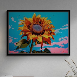 Sunflower Framed Canvas, Floral Wall Art, Sunflower Canvas, Botanical Wall Art, Blossom Sunflower Canvas, Flower Silver Framed Canvas