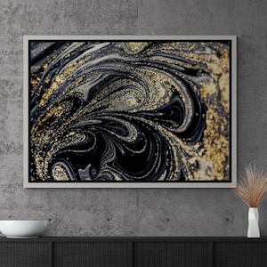 Shimmery Wall Art, Gold and Black Framed Canvas, Gold Wall Art, Luxury Canvas, Black Canvas Art, Black And Gold Marble, Gold Framed Canvas