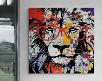 Lion Wall Art, Abstract Wall Art, Lion Framed Canvas, Pop Art Canvas, Lion Abstract Artwork, Colorful Lion Canvas, Black Framed Canvas