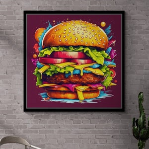 Pop Art Burger Framed Canvas, Hamburger Wall Art, Kitchen Wall Decor, Wall Art for Restaurants, Fast Food Wall Art, White Framed Canvas