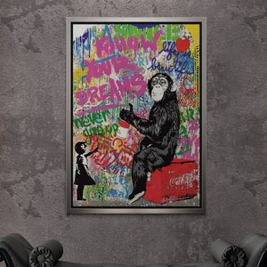 BANKSY Monkey Graffiti Wall Art, Banksy Follow Your Dreams Framed Canvas, Bankys Girl Canvas, Mixed Banksy Wall Art, Silver Framed Canvas