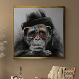 Affe Bunte Brille Wandkunst, Zeichnung Effekt Gerahmte Leinwand, Lustige Wandkunst, Tiere Leinwand, Unschuldiger Affe Leinwand, Gold Gerahmte Leinwand