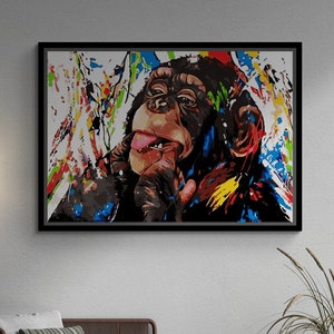 BANKSY Colorful Monkey Graffiti Framed Canvas, Banksy Monkey Graffiti Wall Art, Monkey Graffiti Art, Banksy Wall Art, Gold Framed Canvas
