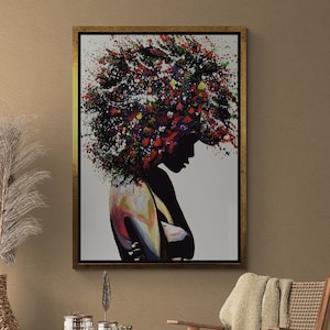 Curly Haired Woman Framed Canvas, Colorful Haired African Wall Art, Black Woman Rolled Canvas, Woman Silhouette Canvas, White Framed Canvas