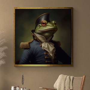 Commander Frog Framed Canvas, Portrait Frog Wall Art, Victorian Frog Canvas, Abstract Frog Wall Art, Animal Wall Art, White Framed Canvas