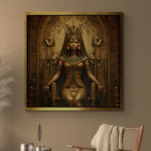 Egyptian God Hathor Wall Art, Hathor Framed Canvas, Egyptian Mythology Wall Art, Egypt Ethnic Canvas, Ancient Ages White Framed Canvas