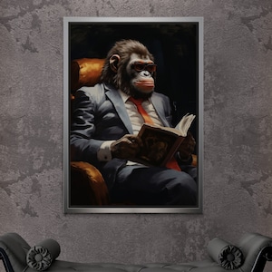 Gorilla in Suit Wall Art, Animal Framed Canvas, Big Gorilla Wall Art, Cool Monkey, Abstract Gorilla Artwork, Gorilla Silver Framed Canvas